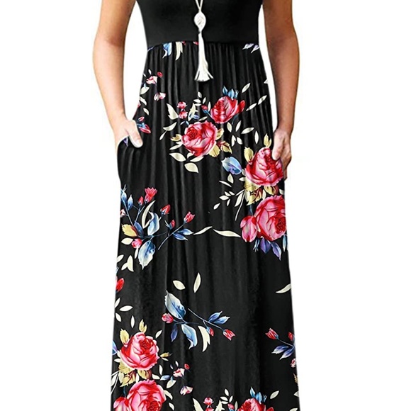 AUSELILY Women Short Sleeve Loose Plain Casual Long
Maxi Dresses with Pockets - Picture 3 of 5